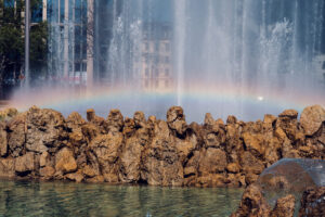 Detail shot of the central water jet of Vienna's Hochstrahlbrunnen fountain at Schwarzenbergplatz.