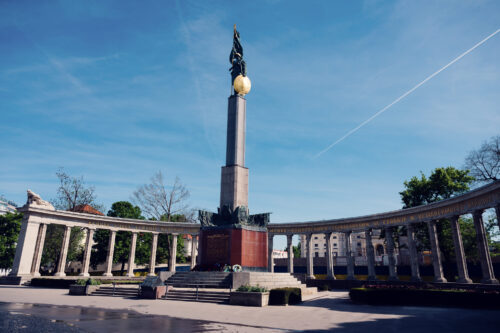 Historical Soviet War Memorial at Schwarzenbergplatz Vienna with its distinctive colonnade and central obelisk, an important landmark from the post-WWII Soviet occupation period.