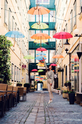 Photography setting under Sünnhof's umbrella art installation.