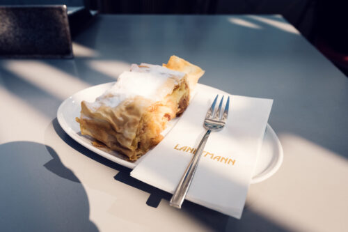 Café Landtmann's signature apple strudel (Apfelstrudel) served on traditional porcelain plate.