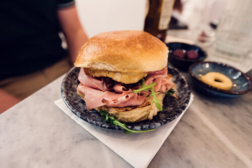 Authentic Italian mortadella sandwich at Casolaro Bros.