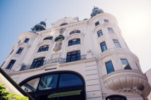 Close-up of Lugeck Figlmüller restaurant storefront in Vienna Austria.