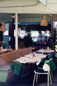 Street-side terrace at Lugeck Figlmüller restaurant Vienna, outdoor dining tables with classic Austrian restaurant ambiance.