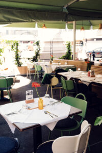 Lugeck Figlmüller restaurant outdoor seating area, terrace dining setup with traditional Viennese gastronomy.