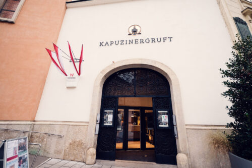 Kapuzinergruft Imperial Crypt entrance at Neuer Markt Vienna, baroque doorway to Habsburg dynasty burial site beneath Capuchin Church.