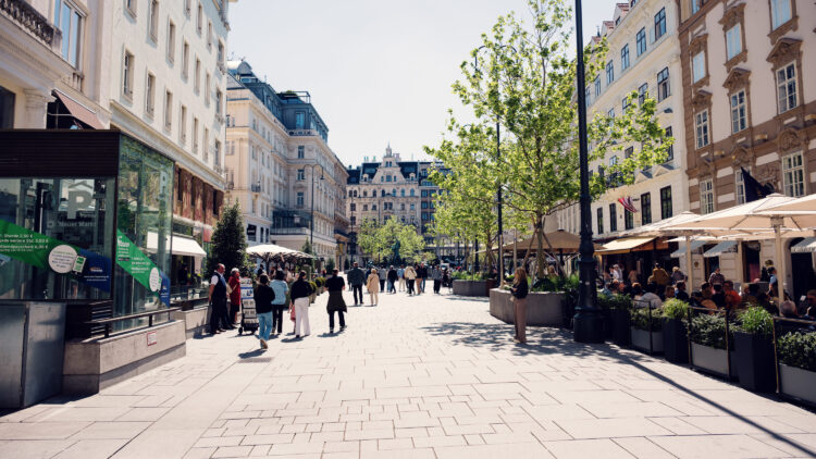Neuer Markt Vienna pedestrian square surrounded by traditional Austrian baroque facades and historic buildings.
