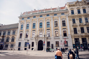 Palais Kinsky Wien (Kinsky Palace Vienna) baroque facade with ornate stucco decorations and classical Austrian palace architecture on Freyung square.