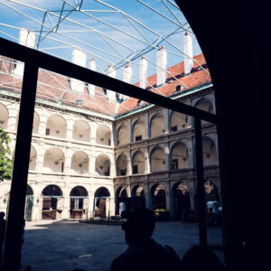 Spanish Riding School (Spanische Hofreitschule) Vienna, historic baroque equestrian hall with Lipizzaner horses in Hofburg Palace complex.