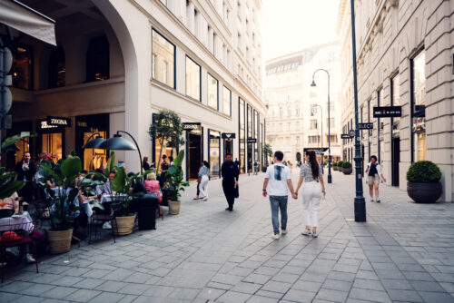 Adriana and Mario walking through Seitzergasse Vienna First District Innere Stadt historic street.