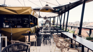 Modern bar at Lamee Rooftop Bar in Vienna.