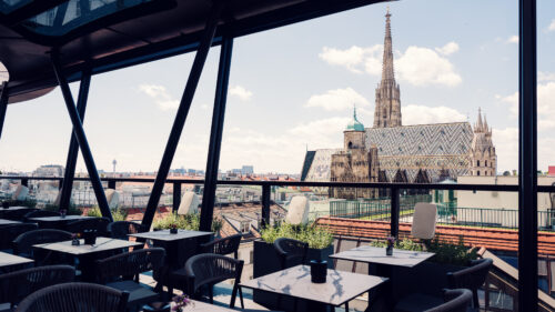 Spectacular view of St. Stephen’s Cathedral from Lamee Rooftop Bar in Vienna.