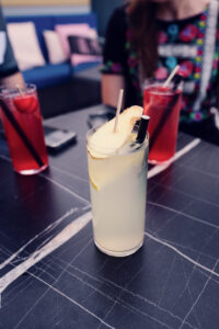 Lemonade with city view at Lamee Rooftop Bar in Vienna.