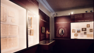 Mozart House Vienna interior exhibition room displaying composer's personal artifacts.