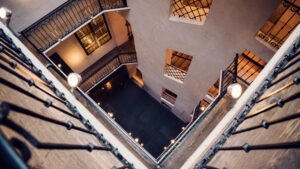 Mozarthaus staircase with period handrails and historical atmosphere.