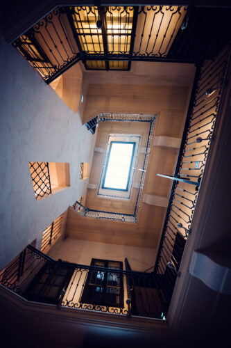 Mozarthaus staircase with period handrails and historical atmosphere.