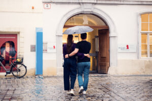 Adriana and Mario in front of Mozart's former residence building entrance on Domgasse 5 Vienna.