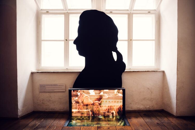 Artistic portrait of Wolfgang Amadeus Mozart head display at Mozarthaus.