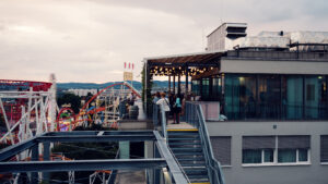 Zoku hotel rooftop terrace.