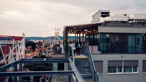 Zoku hotel rooftop terrace.