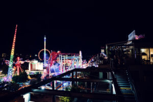 Panoramic Prater view from Zoku rooftop bar terrace.
