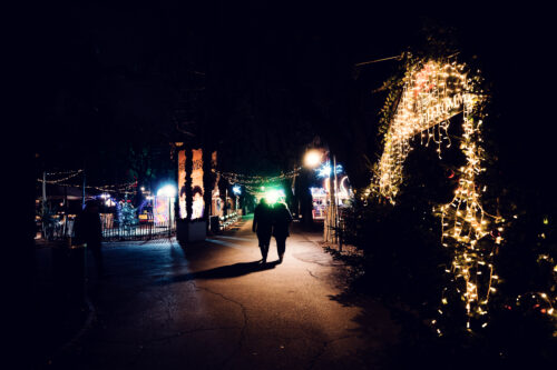 Festive lights and decorations at Christmas village in Altes AKH historic campus.