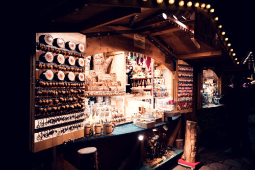 Christmas ornament stall at Am Hof market with traditional decorations Vienna.