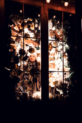 Christmas stall at Freyung market with traditional decorations.