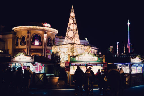 Outdoor winter market setup at Prater amusement park Vienna.