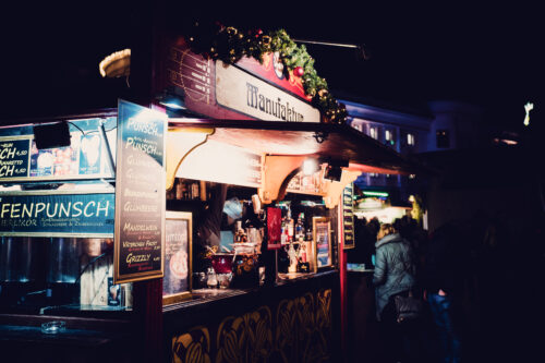 Punsch and mulled wine selection at Wintermarkt Riesenradplatz Vienna.