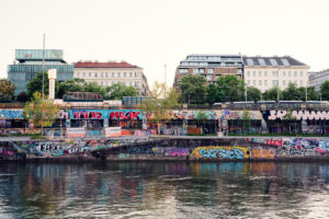 Colorful murals decorating Donaukanal.