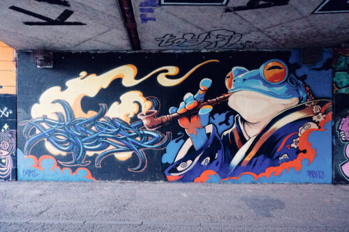 Graffiti-covered walls beside Donaukanal waterway.