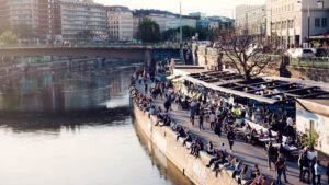 Outdoor bars and beach clubs along Donaukanal.