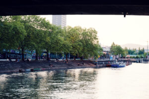 Donaukanal waterway under Vienna city bridge.