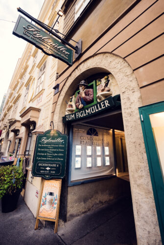 Figlmüller Wollzeile entrance with classic Viennese restaurant signage.