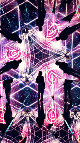 Adriana surrounded by pink and purple geometric projections inside the mirrored pyramid room.