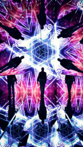 Adriana in the pyramid room with blue and purple light patterns reflected on every surface.
