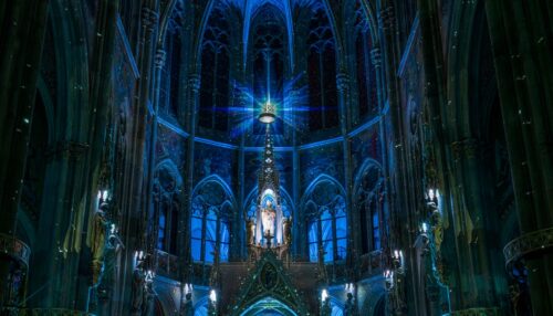 Blue starlight projections above the altar during the Light of Creation show in Vienna.